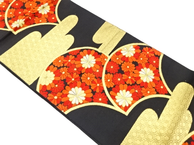 アンティーク　ヱ霞に花・古典柄織り出し袋帯（着用可）